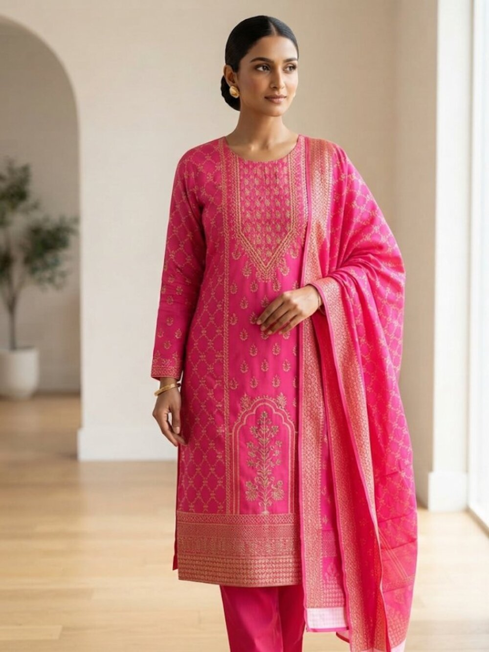 Women's 3-Piece Pink Festive Kurta Set, Elegant Ethnic Tunic Suit with Matching